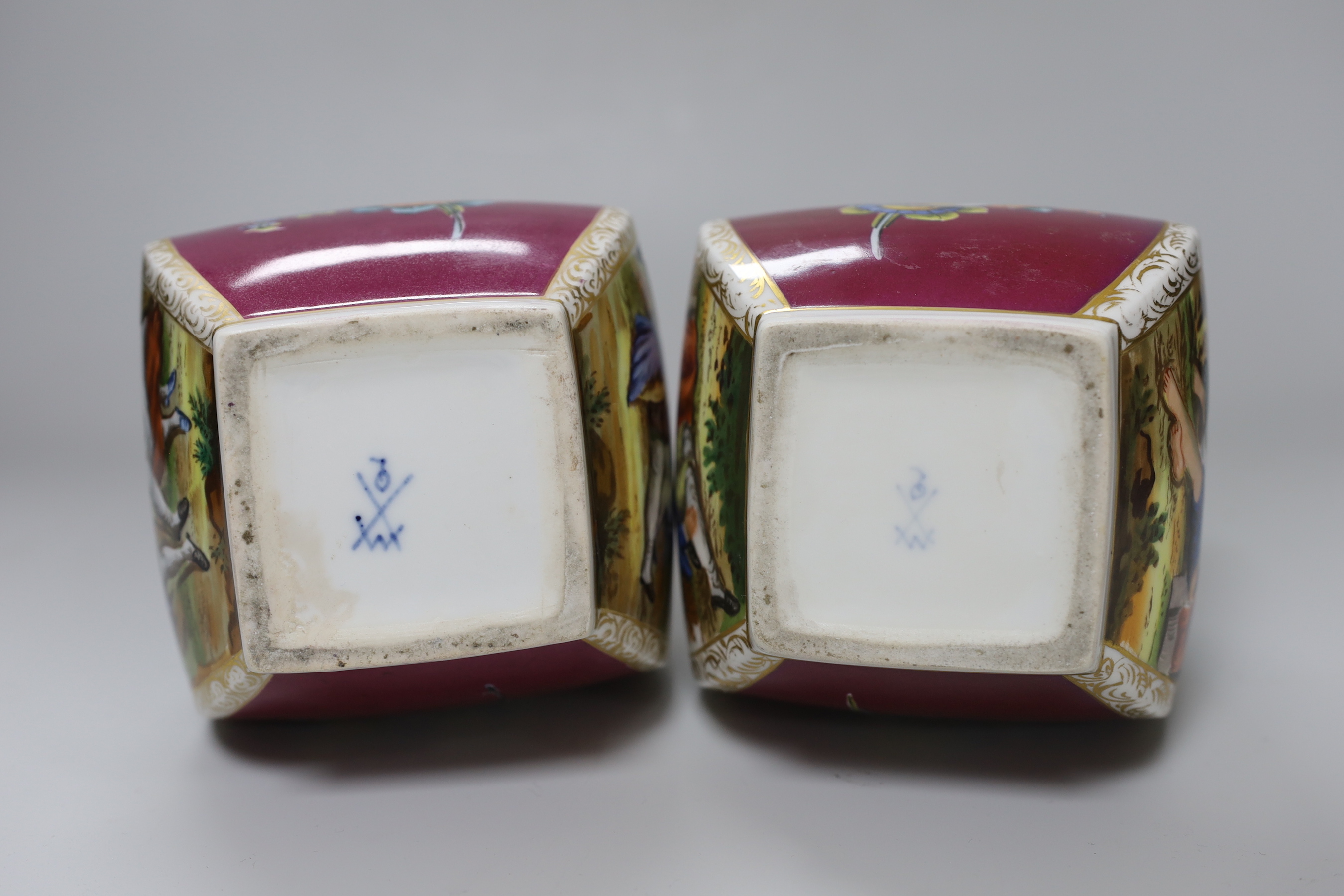 A pair of early 20th century Dresden square bottle vases, 31cm